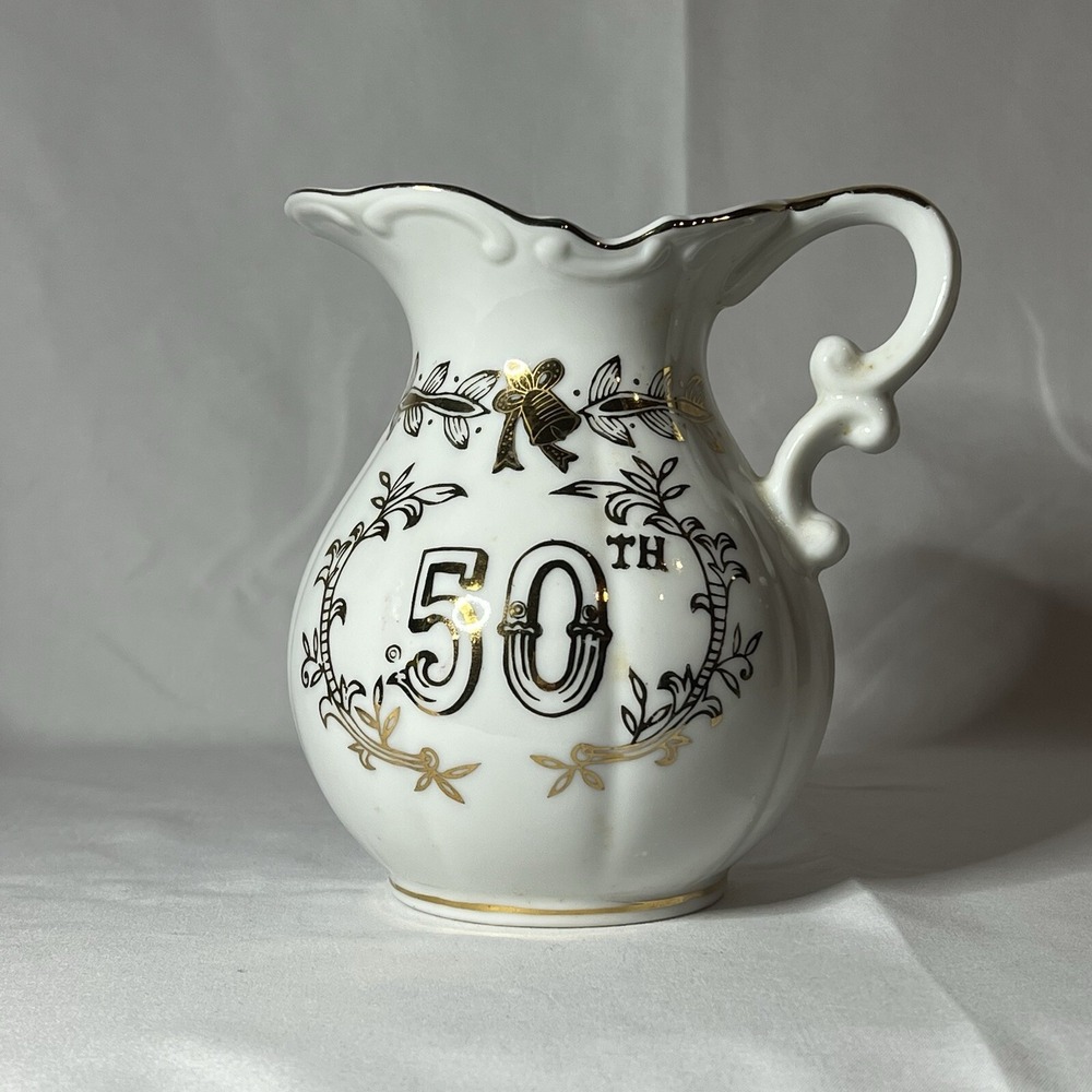 Vintage Lefton China 50th Anniversary Creamer/Mini Pitcher Hand Painted 5.5in‎